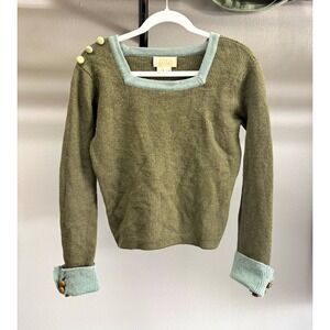 SARA BERMAN 100% Extra Fine Merino Wool Sweater L Green Square Neck Cuff Buttons